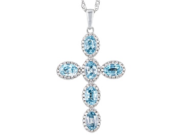 Picture of Blue And White Zircon Rhodium Over Sterling Silver Cross Pendant With Chain 5.60ctw