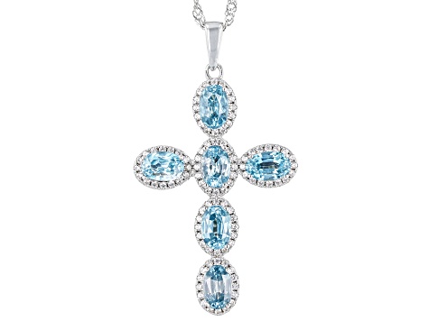 Blue And White Zircon Rhodium Over Sterling Silver Cross Pendant With Chain 5.60ctw
