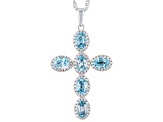 Blue And White Zircon Rhodium Over Sterling Silver Cross Pendant With Chain 5.60ctw