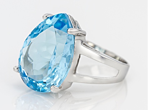 FB Jewels Solid Sterling Silver Rhodium Checker-Cut Light Swiss Blue Topaz & Diamond Ring