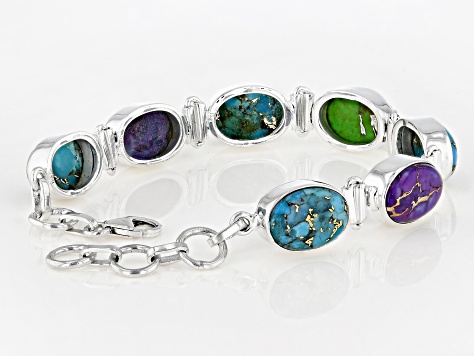 Blue, Green And Purple Turquoise Sterling Silver Bracelet