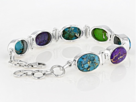 Blue, Green and Purple Composite Turquoise Sterling Silver Bracelet