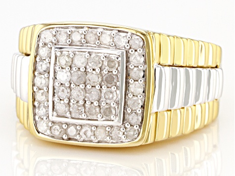White Diamond Rhodium & 14K Yellow Gold Over Sterling Silver Mens Ring 0.75ctw