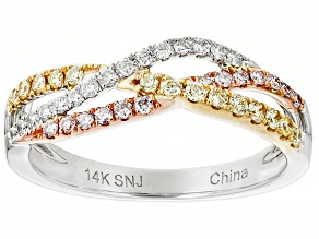 Natural Yellow, Pink And White Diamond 14k Three-Tone Gold Crossover Band Ring 0.33ctw