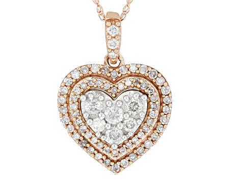 White Diamond 10k Rose Gold Heart Cluster Pendant With 18" Rope Chain 0.50ctw