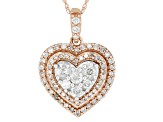 White Diamond 10k Rose Gold Heart Cluster Pendant With 18" Rope Chain 0.50ctw