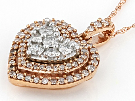 White Diamond 10k Rose Gold Heart Cluster Pendant With 18" Rope Chain 0.50ctw