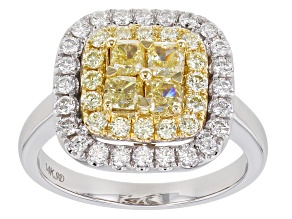 Natural Yellow And White Diamond 14K White Gold Cluster Ring 1.38ctw