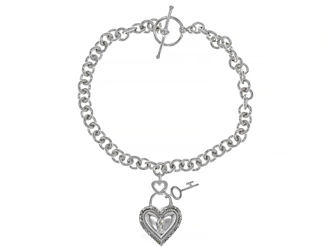 White Diamond Rhodium Over Sterling Silver Heart Charm Bracelet 0 10ctw Dod227 Jtv Com