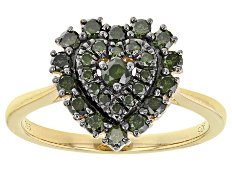 Green Diamond 14K Yellow Gold Over Sterling Silver Heart Cluster Ring 0.65ctw