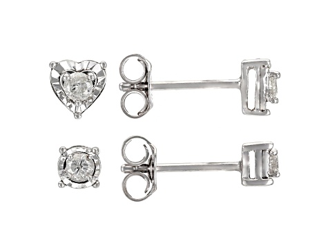 White Diamond Rhodium Over Sterling Silver Round And Heart Stud Earrings Set 0.20ctw