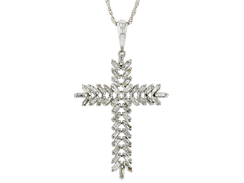 White Diamond Rhodium Over Sterling Silver Cross Pendant With Chain 0.75ctw