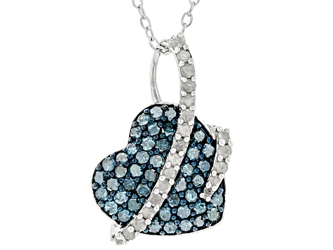 Blue And White Diamond Rhodium Over Sterling Silver Heart Cluster Pendant With Chain 0.75ctw