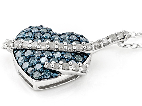 Blue And White Diamond Rhodium Over Sterling Silver Heart Cluster Pendant With Chain 0.75ctw