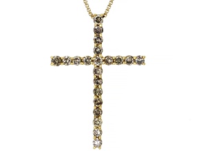 Champagne Diamond 14K Yellow Gold Over Sterling Silver Cross Pendant With Chain 1.10ctw