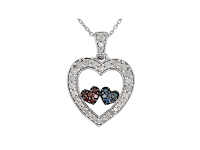 White, Blue And Red Diamond Rhodium Over Sterling Silver Heart Pendant With Chain 0.50ctw