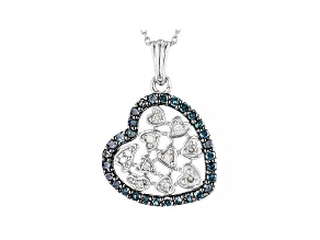 Blue And White Diamond Rhodium Over Sterling Silver Heart Pendant With 18" Chain 0.50ctw
