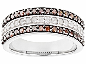 Red And White Diamond Rhodium Over Sterling Silver Multi-Row Band Ring 1.00ctw