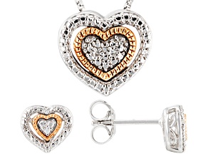 White Diamond Accent Rhodium Over Sterling Silver & 10k Rose Gold Earrings & Pendant Jewelry Set