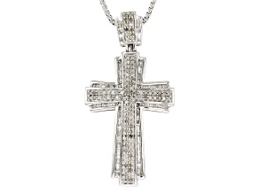 White Diamond Rhodium Over Sterling Silver Cross Pendant With 22" Round Box Chain 0.95ctw