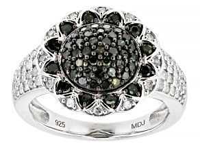 Green And White Diamond Rhodium Over Sterling Silver Cluster Ring 1.00ctw