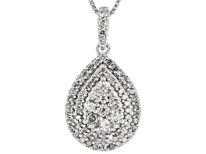 White Diamond Rhodium Over Sterling Silver Teardrop Cluster Pendant With 18" Box Chain 0.50ctw