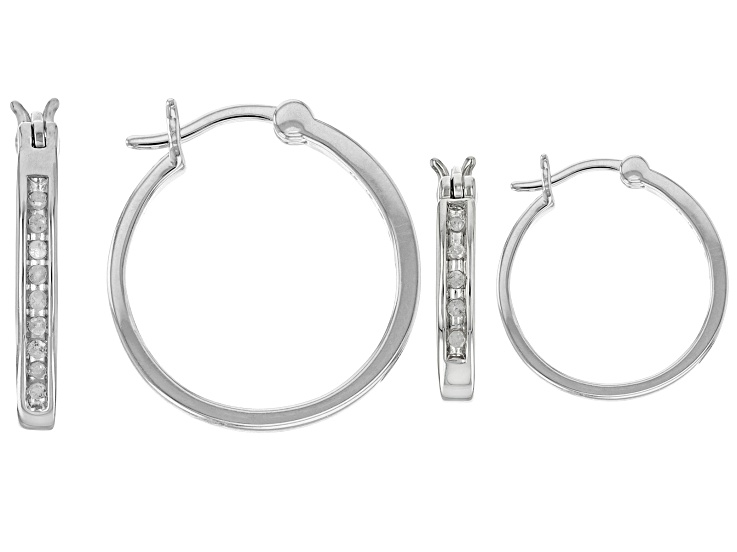 White Diamond Platinum Over Sterling Silver Set of 2 Hoop Earrings 0.25ctw