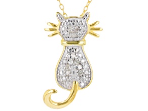 White Diamond 14k Yellow Gold Over Sterling Silver Cat Pendant With Chain 0.10ctw