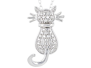 White Diamond Rhodium Over Sterling Silver Cat Pendant With Chain 0.10ctw