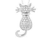 White Diamond Rhodium Over Sterling Silver Cat Pendant With Chain 0.10ctw