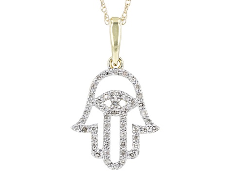 White Diamond 10k Yellow Gold Hamsa Hand Pendant With 18" Rope Chain 0.10ctw