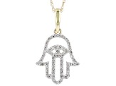 White Diamond 10k Yellow Gold Hamsa Hand Pendant With 18" Rope Chain 0.10ctw