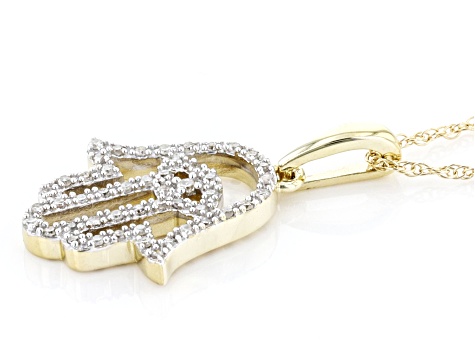 White Diamond 10k Yellow Gold Hamsa Hand Pendant With 18" Rope Chain 0.10ctw