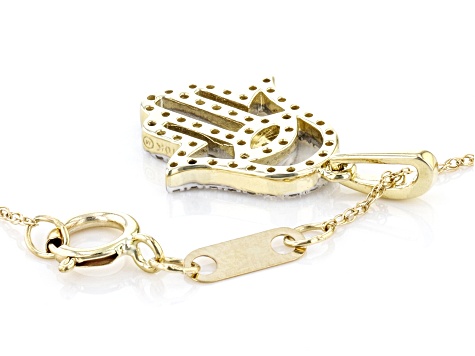 White Diamond 10k Yellow Gold Hamsa Hand Pendant With 18" Rope Chain 0.10ctw