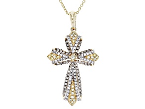 Natural Yellow And White Diamond 14k Yellow Gold Cross Pendant With 18" Cable Chain 0.40ctw
