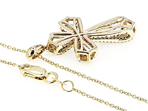 Natural Yellow And White Diamond 14k Yellow Gold Cross Pendant With 18" Cable Chain 0.40ctw