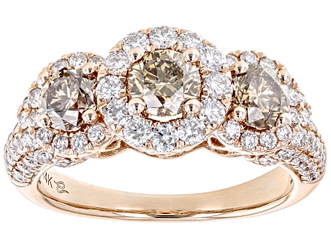 Champagne And White Diamond 10k Rose Gold 3-Stone Halo Ring 2.00ctw