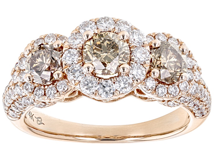 Champagne And White Diamond 10k Rose Gold 3-Stone Halo Ring 2.00ctw