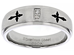 White Diamond Accent Stainless Steel Mens Cross Ring