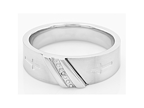 White Diamond Accent Stainless Steel Mens Cross Ring