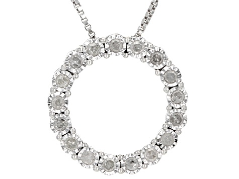 White Diamond Rhodium Over Sterling Silver Circle Slide Pendant With 18" Box Chain 0.25ctw