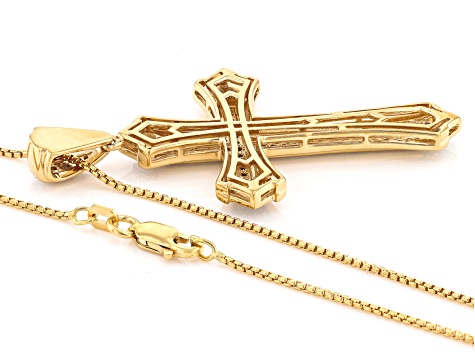 White Diamond 14k Yellow Gold Over Sterling Silver Mens Cross Pendant With 22" Chain 0.50ctw