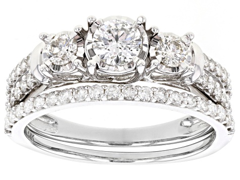 White Diamond 14k White Gold 3-Stone Ring With Matching Band 1.00ctw