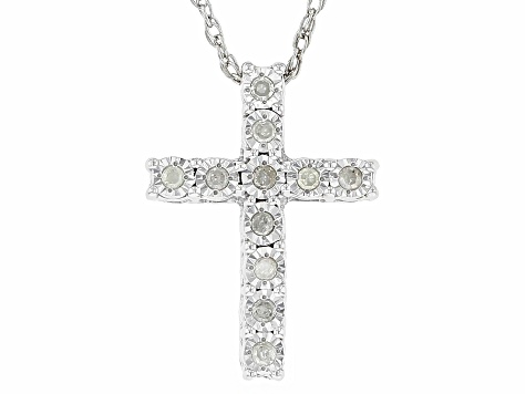 White Diamond Rhodium Over Sterling Silver Cross Slide Pendant With 18" Rope Chain 0.10ctw