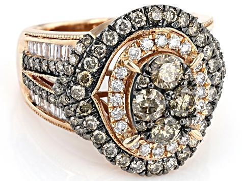 Champagne And White Diamond 10k Rose Gold Halo Cluster Ring 2.00ctw