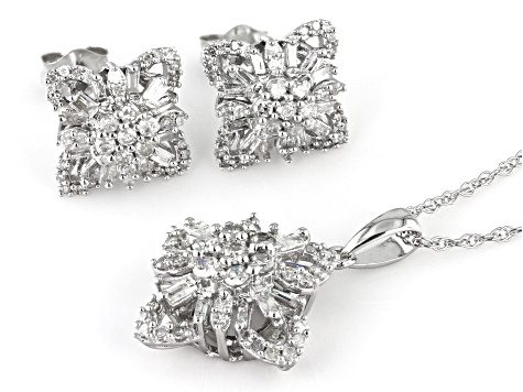 White Diamond 14k White Gold Cluster Earrings And Pendant Set 1.00ctw