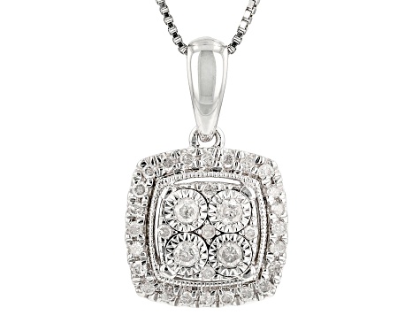 White Diamond Rhodium Over Sterling Silver Halo Pendant With 18" Box Chain 0.25ctw