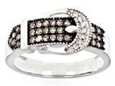 Champagne And White Diamond Rhodium Over Sterling Silver Buckle Ring 0.25ctw