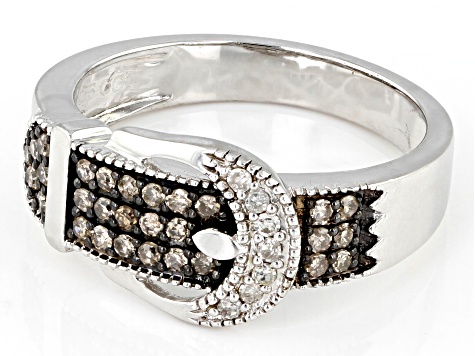 Champagne And White Diamond Rhodium Over Sterling Silver Buckle Ring 0 ...