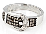 Champagne And White Diamond Rhodium Over Sterling Silver Buckle Ring 0.25ctw